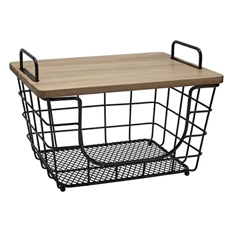 Gourmet Basics by Mikasa Madam Metal Stacking/Nesting Rectangular Basket with Acacia Lid, Antique Black Cover