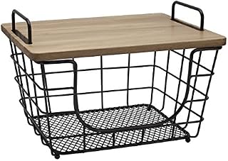 Gourmet Basics by Mikasa Madam Metal Stacking/Nesting Rectangular Basket with Acacia Lid, Antique
