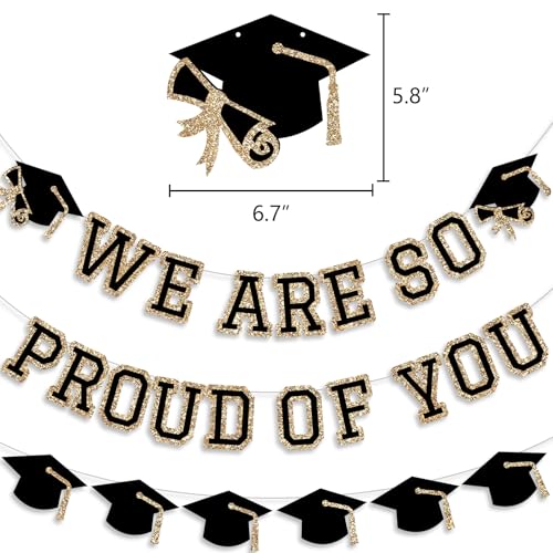 Image of We Are So Proud Of You Banner Graduation Party Decorations Congrats Grad Cap Garlands Wall Sign Gold Black