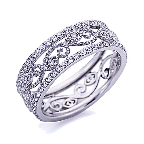 Platinum Plated Sterling Silver Ring 1 carat CZ Stone Wedding Band Filigree Vintage Style Eternity Ring (Size 5 to 9), 6