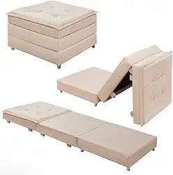 Puff Baú Quadrado MDF Com Rodinhas Vira Cama Colchão Solteiro Confortável e Moderno (Bege)