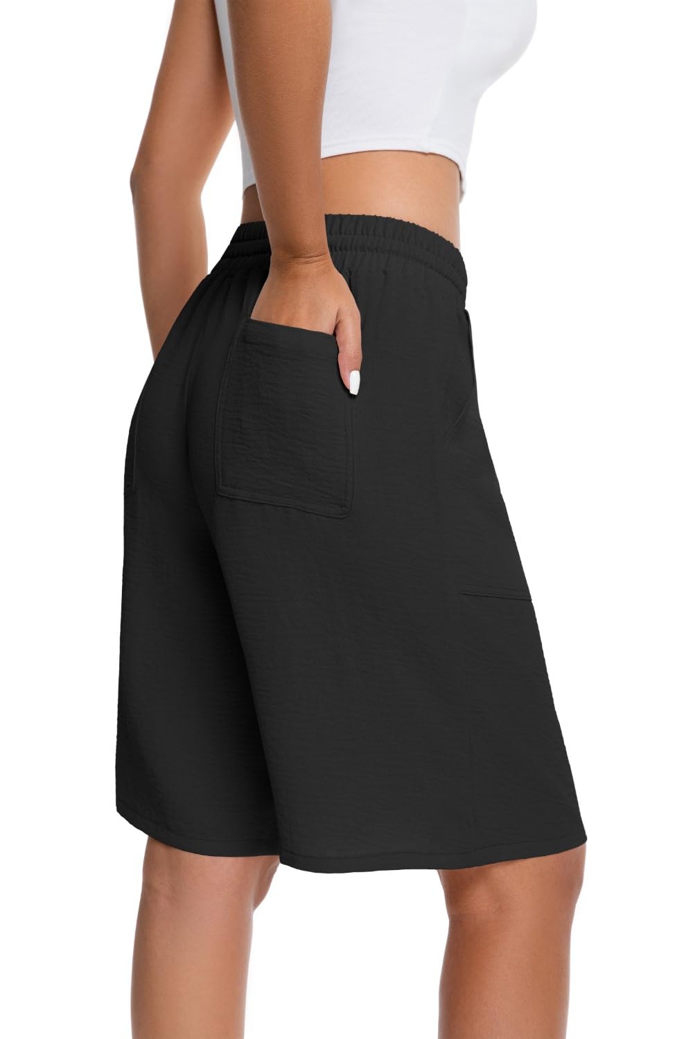 PrinStory Bermuda da donna, estivi, elasticizzati, a vita alta, lunghi al ginocchio
