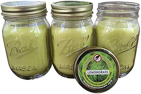 Mosquito Naturals Lemongrass Candles with Essential Oils (Set of 3) for Patio, Deck, Outdoor or Indoor Use - 88 Hour Burn - All Natural, Soy Base - Mason Jar with Lid, Made in USA (Lemongrass)
