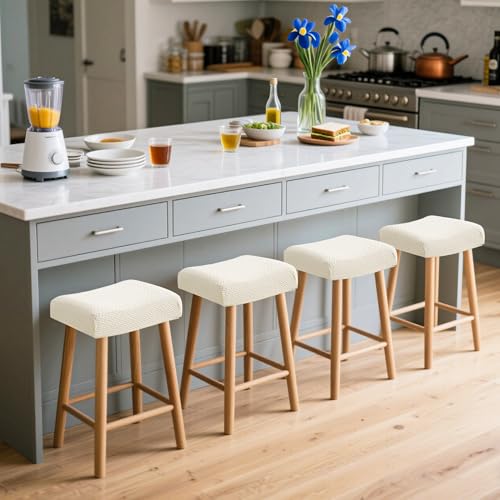Image of Waterproof Bar Stool Covers Set of 4 Rectangle Beige Jacquard Stretchable Backless Barstool Seat Cover Counter Bar Stool Slipcovers Washable