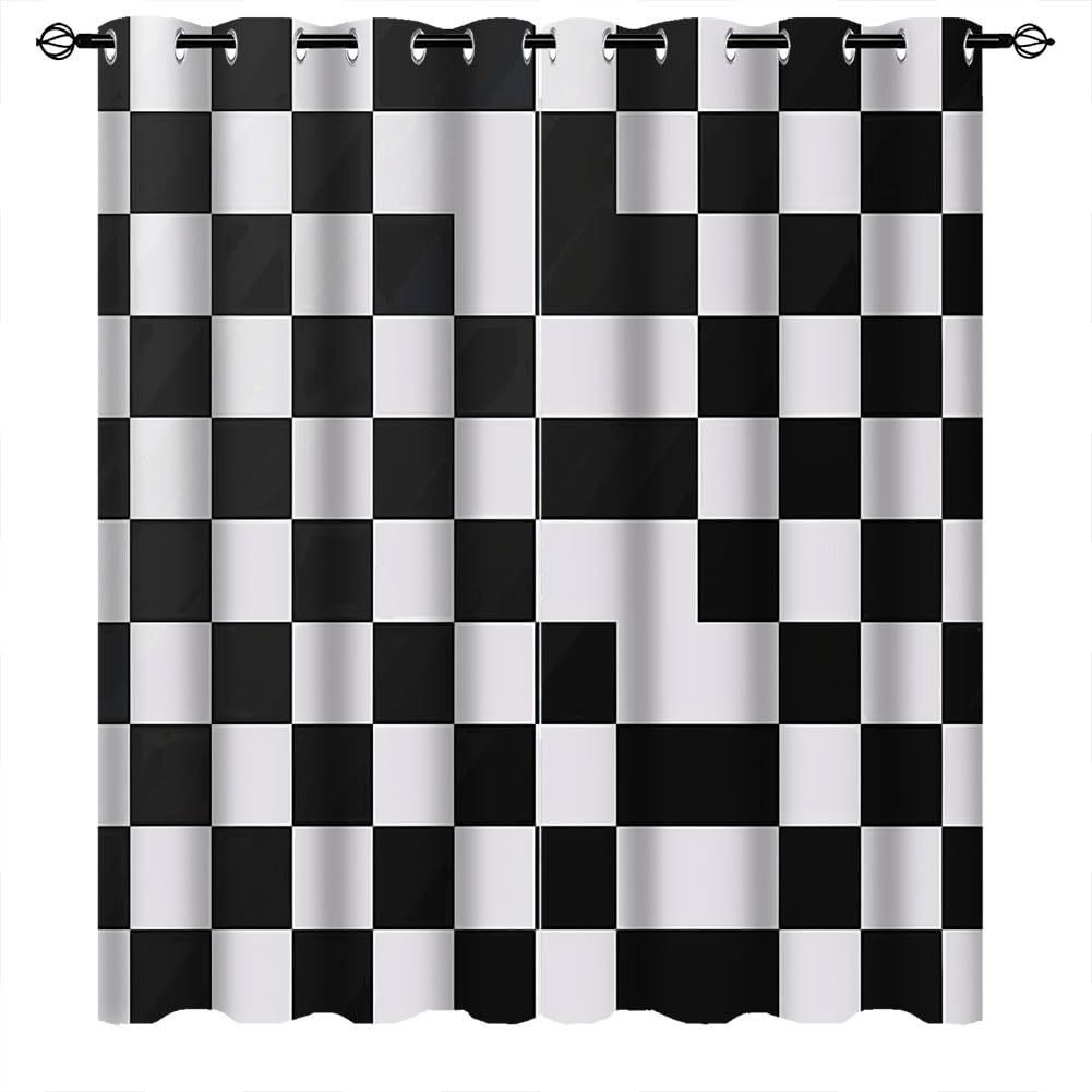 Chaohuan Checkered Blackout Curtains for Kid Girls Boys Bedroom, Black White Cute Retro Checkerboard Grommet Window Drapes for Bedroom Living Room,