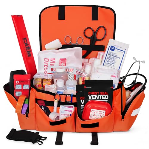 Fully Stocked EMT Trauma Bag Tactical First Responder Medical Kit with Tourniquet Chest Seals Bleeding Control Gauze Shears & Bandages Orange