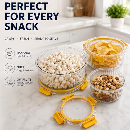 Image of Plastic Air Tight Container Set for Kitchen Storage | Clear Round Food Containers with Airtight Lock Lids | Fridge Storage Containers for Fruits, Vegetables & Herbs (400ml, 800ml, 1600ml)
