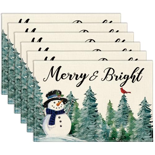 OTOSTAR Christmas Placemats Set of 6, 12x18 Inch Merry & Bright Snowman Watercolor Tree Place Mats Seasonal Winter Xmas Holiday Kitchen Dining Table Mats for Home Party