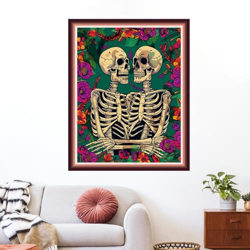Image of Funxvoot Stamped Cross Stitch Kits for Beginners or Adults Embroidery Starter Patterns | DIY Printed Cross Stitch Kits Needlepoint for Adults or Kids 11CT-Hui Skeleton Couple 16x20 inch