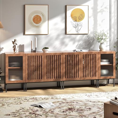 BVIUNTWO-Farmhouse-TV-Stand-for-TVs-up-to-100-Inch-Entertainment-Center-TV-Console-with-Storage-Cabinets-and-Glass-DoorsMedia-Console-for-Living-RoomBrown