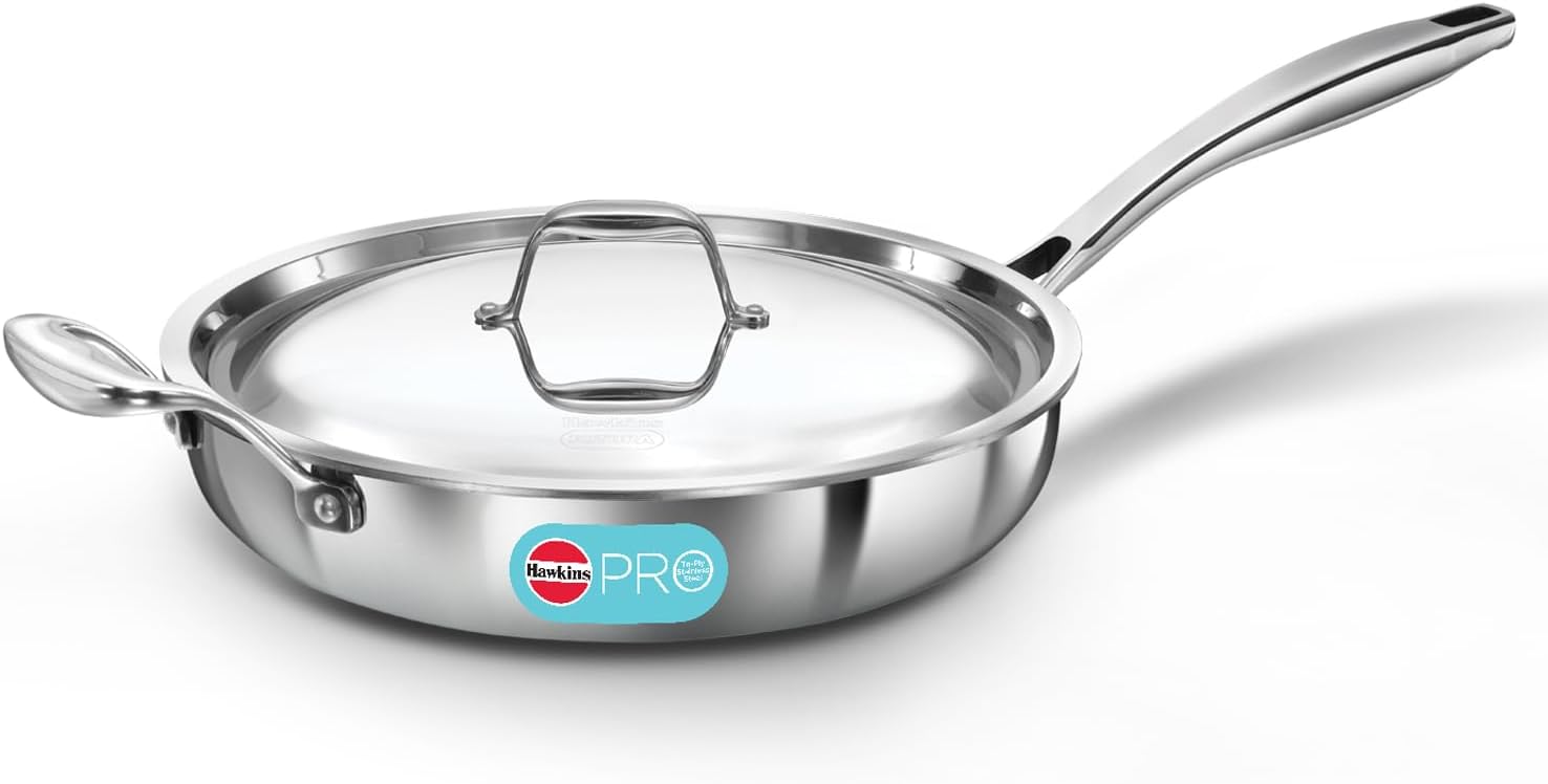 Hawkins Pro 26 cm Frying Pan, Triply Stainless Steel Fry Pan with Stainless Steel Handle and Stainless Steel Lid, Silver (PSF26S)
