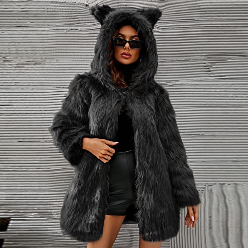 Fluffy Coat for Women Luxury Faux Fur Cute Cat Ear Hooded Jackets Open Front Long Sleeve Shaggy Winter Outerwear2