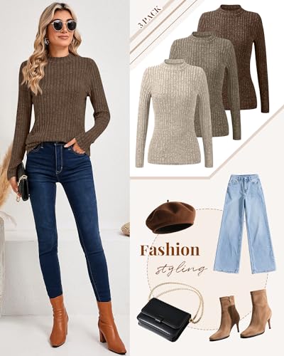Riyiper 3 Pack Women's Mock Neck Sweaters, Long Sleeve Lightweight Tops Casual Soft Sweaters Knit Slim Fitted Basic Pullover3