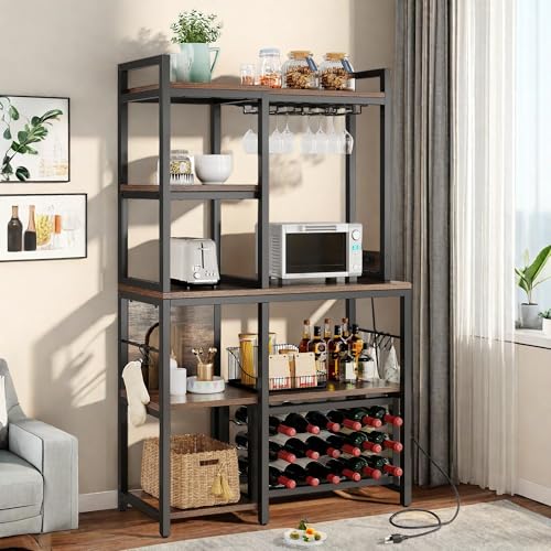 DWVO Large Bakers Rack with Power Outlets and Wine Rack, 35.5 inch 5-Tier Microwave Stand, Coffee Bar with Glasses Holder, Kitchen Storage Shelf with 6 Hooks, for Living Room, Office, Rustic Brown
