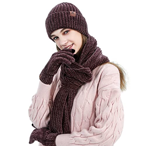 Winter 3 in 1 Scarf Hat Glove Set for Men Women Knitted Beanie Hat Jacquard Solid Color Scarf Touch Screen Gloves2