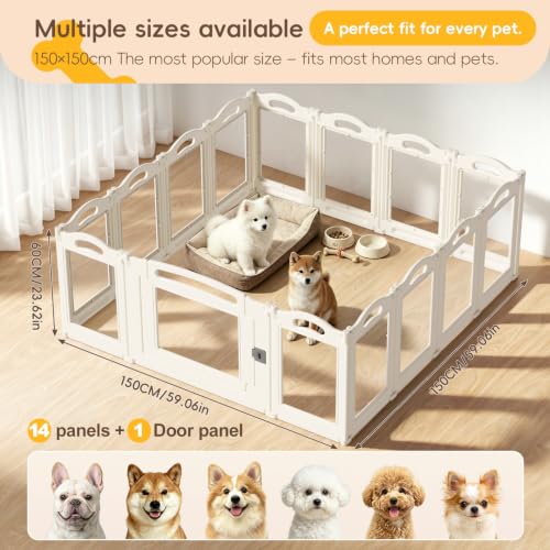 Image of Foldable Clear Acrylic Dog Playpen with Door, 23.6 inch Acrylic Puppy Playpen, Easy Assemble Indoor Pet Fence with White Frame, Clear Dog Playpen for Puppies & Animal (White, 23.6'H, 14 Panels + 1 Door)
