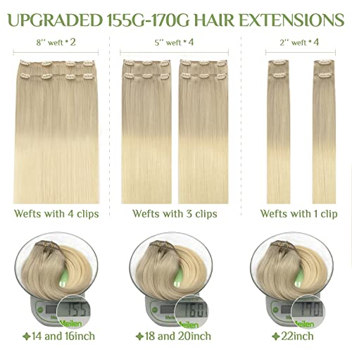 Image of DOORES Hair Extensions Clip in Human Hair, 10pcs 155g 14 Inch Balayage Ash Blonde to Golden Blonde and Platinum Blonde Remy Clip in Human Hair Extensions Natural Straight Hair Extensions