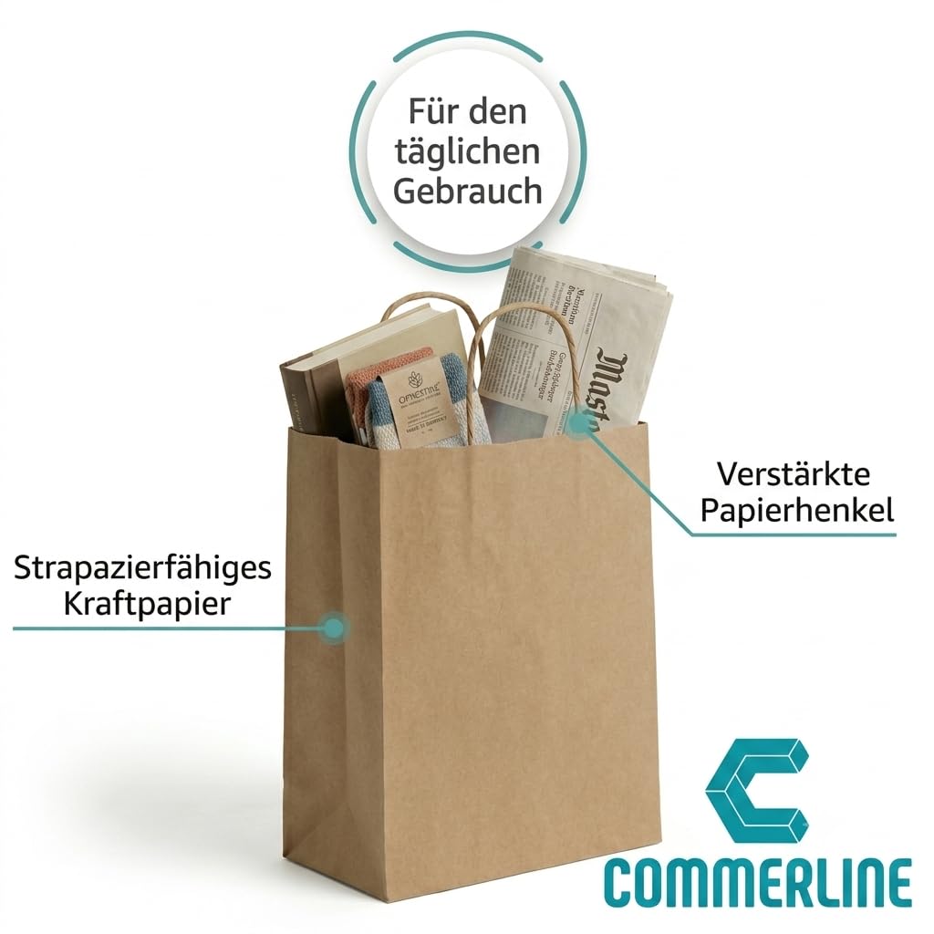 Commerline Lot de 200 sacs en papier kraft marron avec anse, 35 + 14 x 36 cm, avec poignée en cordon, sacs en papier pour le shopping et l'emballage, sacs cadeaux d'anniversaire d'enfants, fêtes