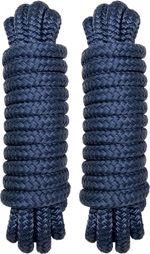 PACTHSD Double Braid 1/2 x 20 Boat Dock Lines (2-Pack) Nylon Boat Ropes for Docking with 12 Spliced Eye Heavy Duty Marine Rope Soft & Durable Boat Lines for Pontoon and Light Boat (Navy Blue)