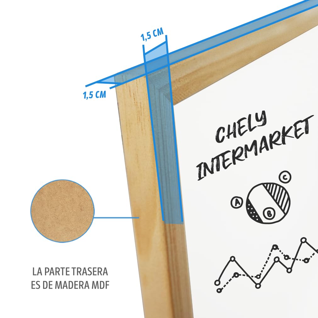 CHELY INTERMARKET Pizarra Blanca Esmaltada 50X70 CM NO Magnética Marco Madera Incluye Rotulador Borrador Kit Colgar Tablero Oficina Escuela Reuniones Presentaciones Dibujos Planificación