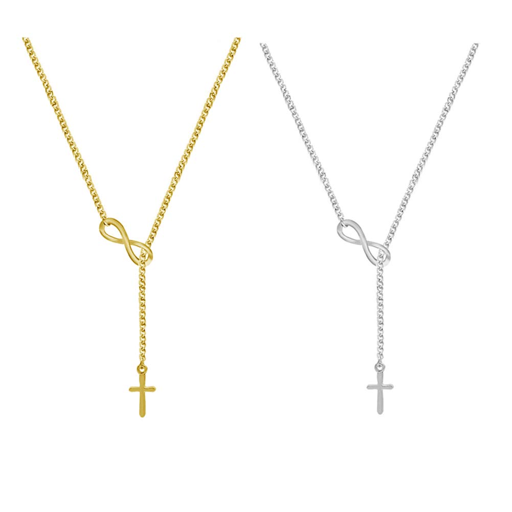 AineecyInfinity Cross Pendant Necklace Long Chain Endless Love Symbol Christian Cross Lariat Sweater Necklace for Women Men Couple Necklace 2pcs Set Jewelry
