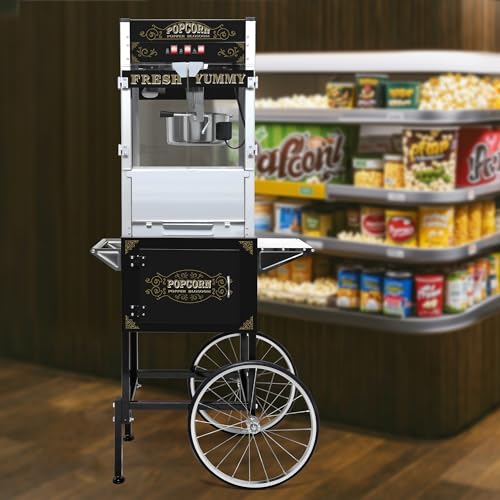 Image of Montary 20 Oz Commercial Popcorn Machine with Cart,1450W Vintage Style Popcorn maker Equipped with Popcorn Scoops,Tools & Heated Deck for Home Movie House and Carnival,Black