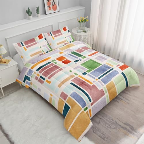 Image of Kids Comforter Set Five Colored Blocks Mosaic Printed Pattern Bedding Set with 1 Comforter and 2 Pillowcases for Girls Boys Bedroom All Season(Mosaic Queen)