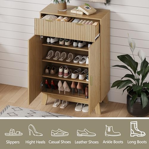 Image of Shoe Cabinet Storage for Entryway with Doors, 4 Tier Fluted Shoe Organizer with 2 Drawers, Entryway Shoe Storage with Adjustable Shelves, Freestanding Hidden Shoe Rack for Front Door Entrance, Oak