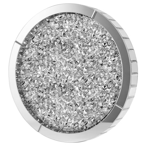 SHYFOY Bandeja Decorativa con Espejo, Bandejas Decorativas Modernas de Cristal de Diamante Triturado, Bandeja Redonda Grande de Plata, Organizador de Maquillaje de tocador para tocador, Diámetro 35cm