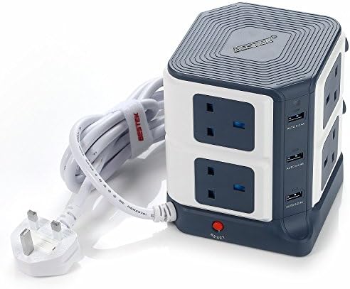 BESTEK 8 Way Switched Surge Tower Extension Lead, Mains Plug with 6 USB, 1500J Surge Protector Power Strip with 1.8m Extension Socket Cord, 3500W (Blue)