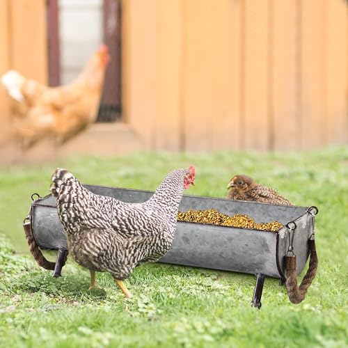 SOFE Poultry Feeder Galvanized Metal Chicken Feeder Set of 2 Farmhouse Chicken Picnic Table Feeder Chicken Planter Decorative Galvanized Tray Trough Shaped 15 and 13 Inches Long