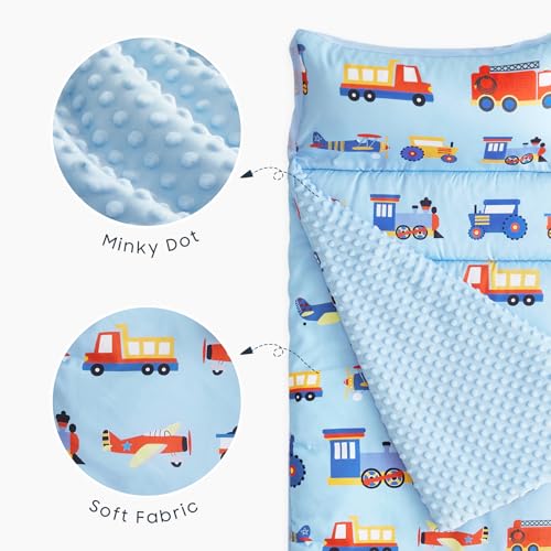 Image of Wake In Cloud - Toddler Nap Mat with Pillow and Minky Fleece Blanket, for Kids Boys Ages 3 Plus in Daycare Preschool Kindergarten, Roll Up Sleeping Bag, Planes Trains Trucks