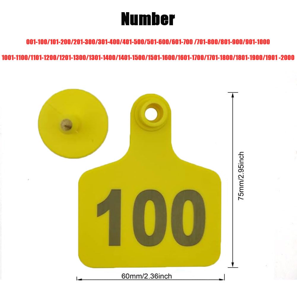 Plastikowe nauszniki dla zwierząt gospodarskich, plastikowe zawieszki do uszu dla bydła 60 x 75 mm, wielokolorowe, numerowane od 001 do 2000, opakowanie 100 (żółty, 001-100)