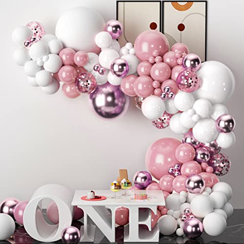 Image of Pink White Balloons Garland Arch Kit 104 PCS Metallic Pink Gold Confetti Latex Balloons for Baby Girl Shower Birthday Wedding Anniversary Bachelorette Party Decorations
