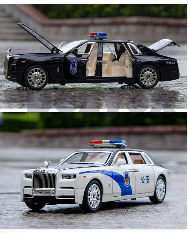 Image of 1 /24 Scale Wheels Diecast Rolls Royce Phantom Police Metal Model Pull Back Alloy Toys with Light and Sound Collection (White)
