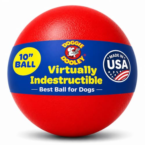 Doggie Dooley Virtually Indestructible Dog Ball - 10 Inch Hard Plastic Interactive Dog Toy for Large Breeds Over 45+ lbs - Built for Herding & Push Play - Floats in Water Made in USA - Red