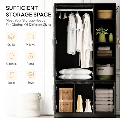 LIKIMIO Armoire Wardrobe Closet 70" H, 5 Doors Bedroom Wooden Wardrobe with 4 Storage Shelves and Hanging Rod, Clothing Storage Cabinet Organizer Combination, Black - Image 4