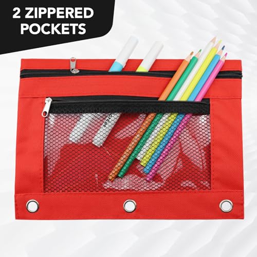 Image of 3 Ring Pencil Pouch for Binder, 2-Pocket Zipper Pencil Case with Clear Window & Mesh Pocket, 600D Oxford Fabric Binder Pouch for School Office Supplies, Fits Standard 3-Ring Binders, Red