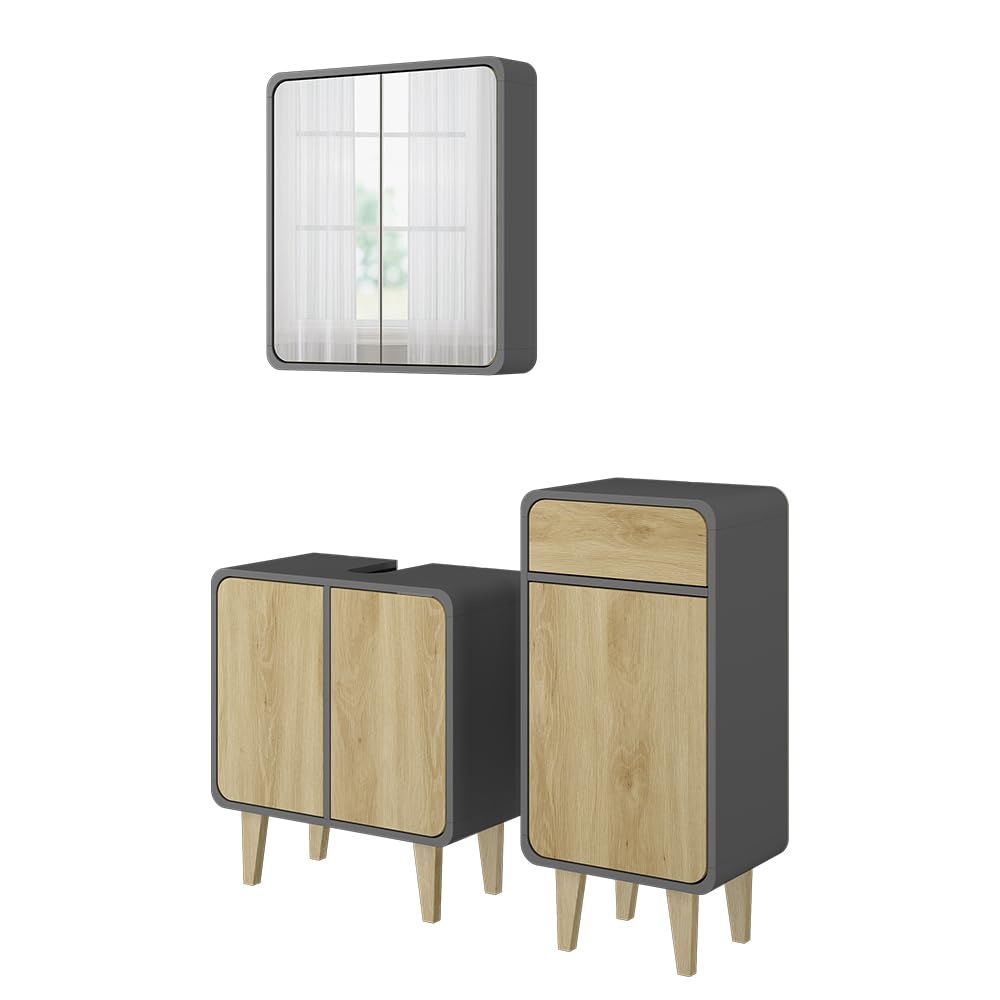 Vicco Badmöbel-Set Arla, Anthrazit/Eiche, 60 cm, besteht aus Waschbeckenunterschrank, Spiegelschrank und Midischrank
