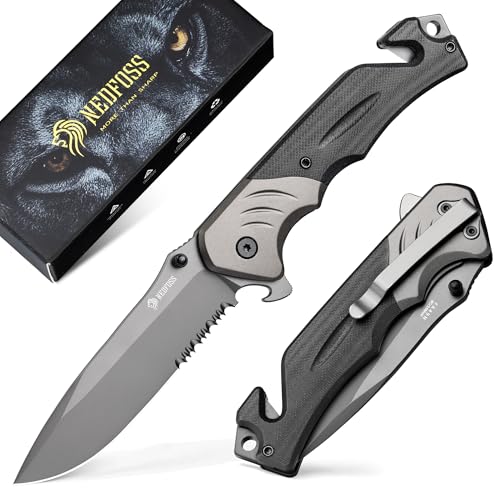 NedFoss FA49 Pro Tactical Knife, Half Serrated Pocket Knife