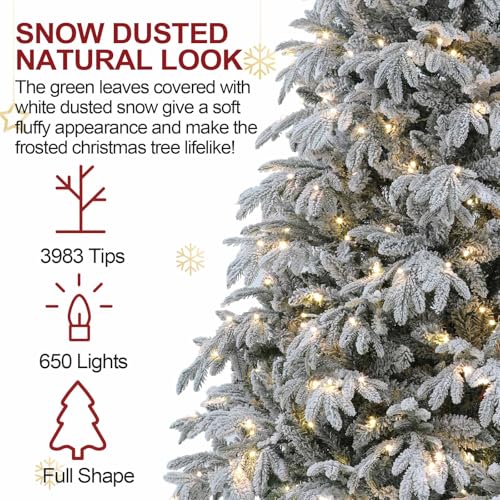 Image of FairyHaus Christmas Tree 9 ft, Prelit Flocked Christmas Tree with 10 Function Lights, Warm White & Multi-Colors, Easy Assembly, Hinged Christmas Trees Prelit with Metal Base, 650 Lights
