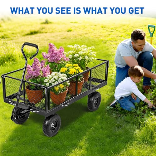 Yesker Steel Garden Carts - 1100lbs Dump Wagon with All Terrain Inflatable Wheels for Yard Lawn Farms Gardening - Heavy Duty Utility Outdoor Hauling Wheelbarrow - Thumbnail 7