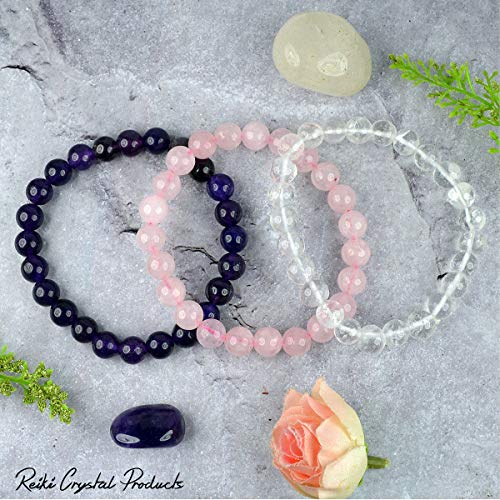 Image of Reiki Crystal Products Unisex Adult Natural Certified Clear Quartz Amethyst Rose Quartz Crystal Stone Bracelet 8 Mm Beads (Color : Multi) Combo Bracelet Pack Of 3 Pc