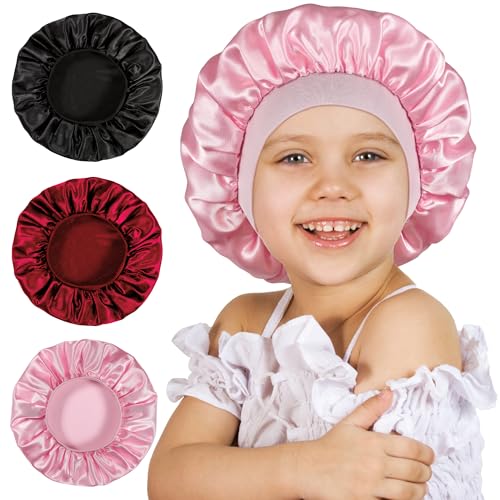 3 Pcs Bonnet for Kids Kids Bonnets for Girls Satin Silk Hair Bonnet for Sleeping Soft Wide Band Sleep Cap for Curly Hair Braids for Teens Child Toddler