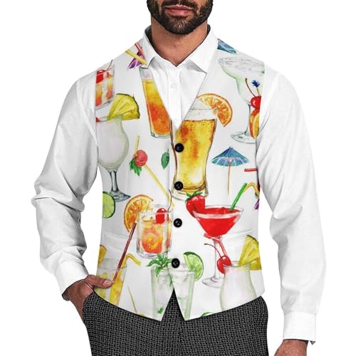 Watercolor Cocktails Men's Suit Vest Slim Fit V-Ncek Waistcoat Business Casual Vest