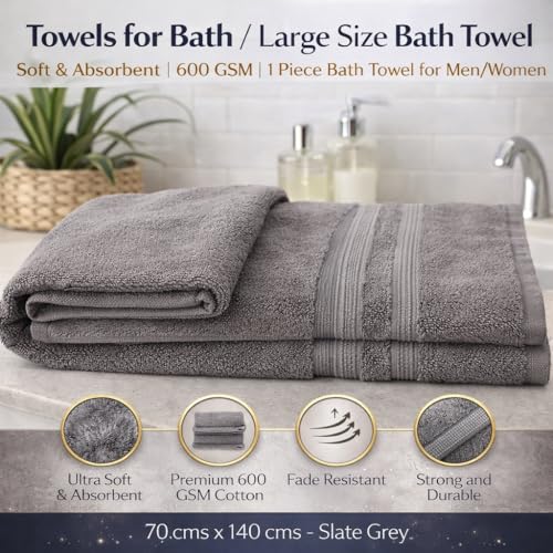 Image of Towels for Bath | Towels for Bath Large Size Bath Towel - Soft & Absorbent | 600 GSM | 1 Piece Bath Towel for Men /Women | 70 cms x 140 cms - Slate Grey