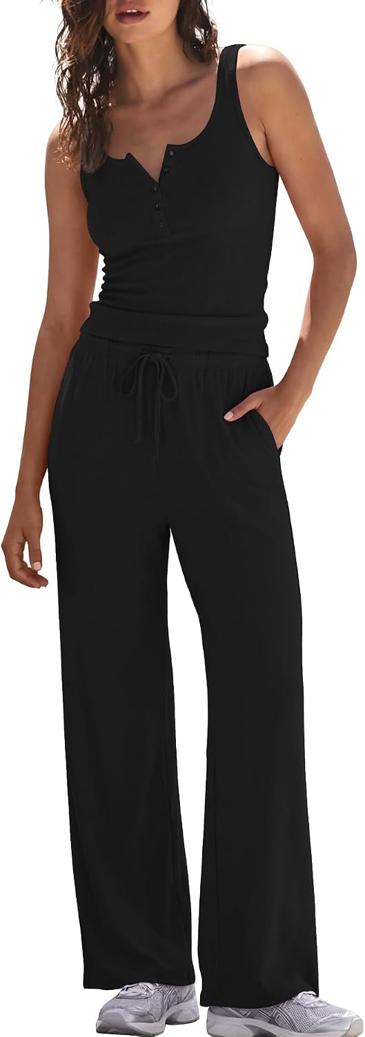 Darong Women's 2 Piece Matching Lounge Sets Summer Henley Neck Slightly Crop Tank Top Wide Leg Pants Casual Sweat Suit