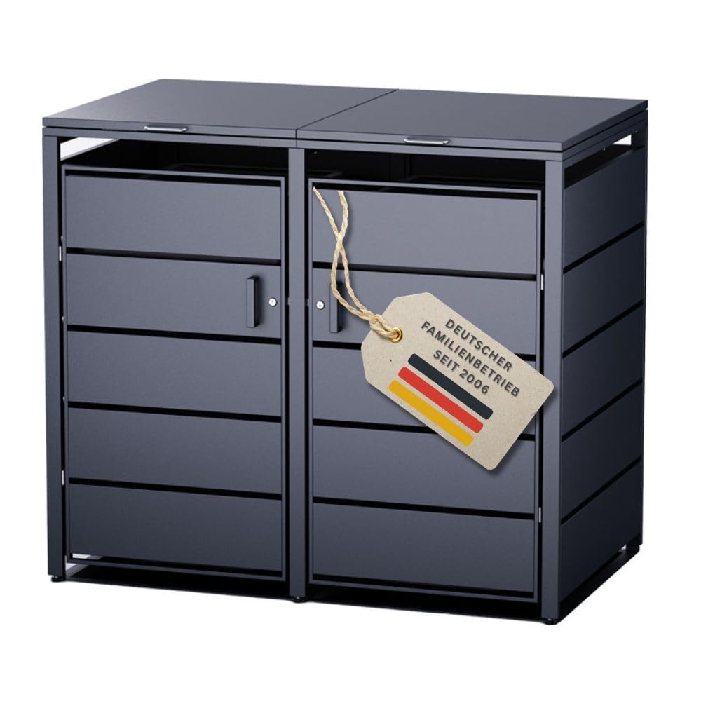 RS Trade Mülltonnenbox 2er Anthrazit für 120L & 240L Mülltonnen, abschließbares wetterfestes Mülltonnenhaus, robuste Mülltonnenverkleidung mit 2 Türen, Müllcontainer Verkleidung, witterungsbeständig