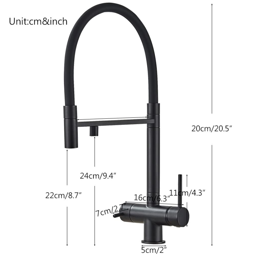 Filtrowana woda Bateria kuchenna Podwójny uchwyt Deck Mount Mosiężne krany Mieszacz wody pitnej Obróć Pull Down Elastyczny kran rurowy, matowy czarny