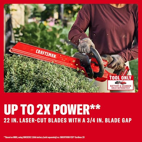 CRAFTSMAN V20 Brushless RP 22 in. Cordless Hedge Trimmer, Lightweight Bush Trimmer with Hedge Sweep Attachment, Up to 2X Power, Longer Runtime, Tool Only (CMCHT830B) - image 3